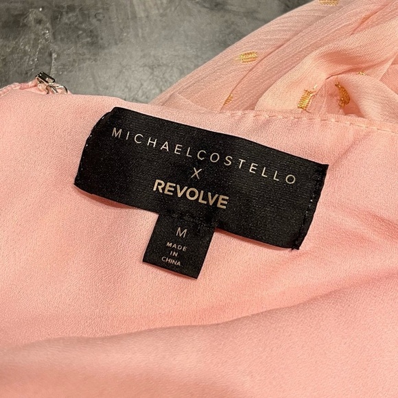 MICHAEL COSTELLO X REVOLVE Pink Chiffon with Gold One Shoulder Goddess Gown M - Picture 8 of 9